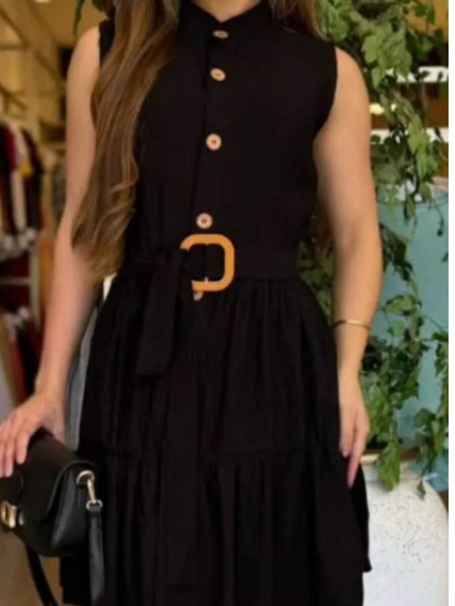 Women's Tank Dress With Buttons And Belt - Black - View 1