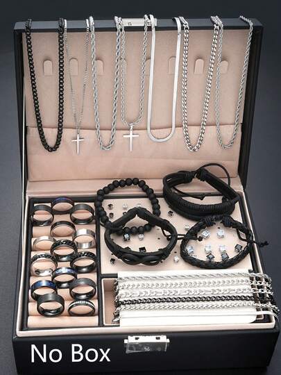 17KM 50pcs Punk Hip Hop Men's Jewelry Set, Stainless Steel Cross Necklace, Stainless Steel Ring, Leather Bracelet, Earrings, Casual Couple Accessories, Daily Wear, Gift For Boyfriend, Son, Birthday, Valentine's Day, Father's Day