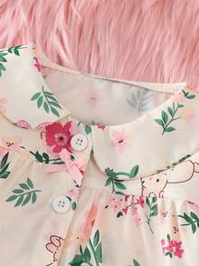 女婴淡桃色兔子和花卉印花领开衫和裤子两件套休闲家居服 - 彩色 - 查看 4