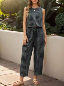 Women Plaid Sleeveless Cropped Tee And Wide Leg Pants Two Pieces Set Casual Round Neck Outfit - 軍綠色 - 查看 5