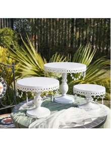 3Pcs Antique Cake Stand Set - Round Metal Cupcake Stands With Pendants And Beads - Elegant Dessert Display, For For Wedding, Birthday Party Decor, Gold/Champagne/Cream White,Holiday Decor,Christmas Gifts - trắng - Xem 2