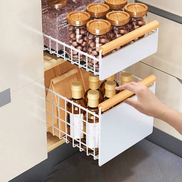 1 peça de cesto de armazenamento de ferro branco removível para armário e organizador embaixo da pia, solução de armazenamento de cozinha