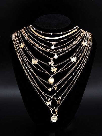 17KM Conjunto de 13 piezas/3 piezas de collares con colgantes minimalistas de corazón, mariposa, estrella, luna y disco con perlas falsas para mujeres, regalo para citas, vacaciones y uso diario, San Valentín, mamá, madre, Día de la Madre, regalo