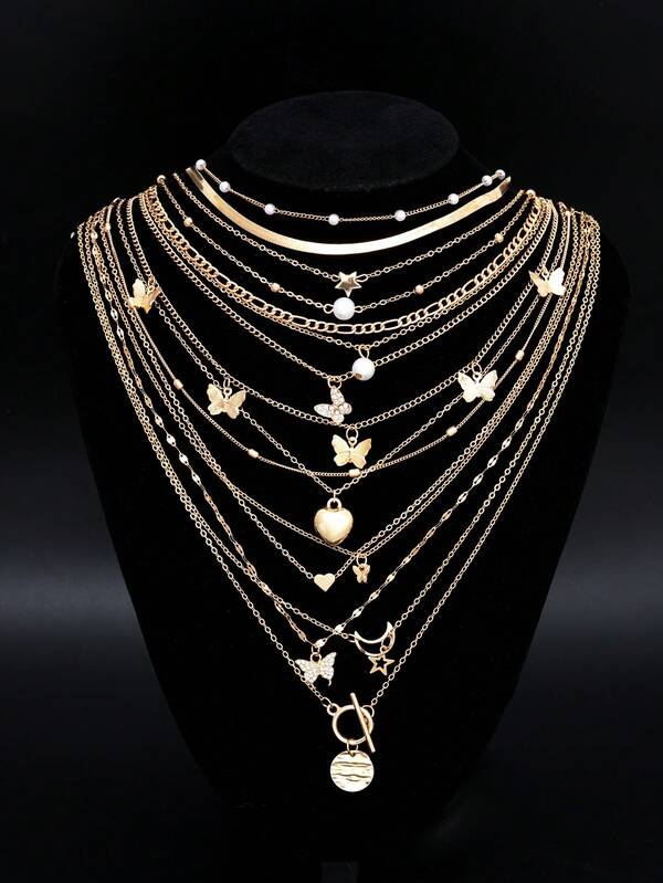 17KM Conjunto de colar minimalista com 13/3 peças de coração, borboleta, estrela, lua e disco de pérolas falsas para mulheres, presente para encontros, férias e uso diário, dia dos namorados, mãe, dia das mães, presente