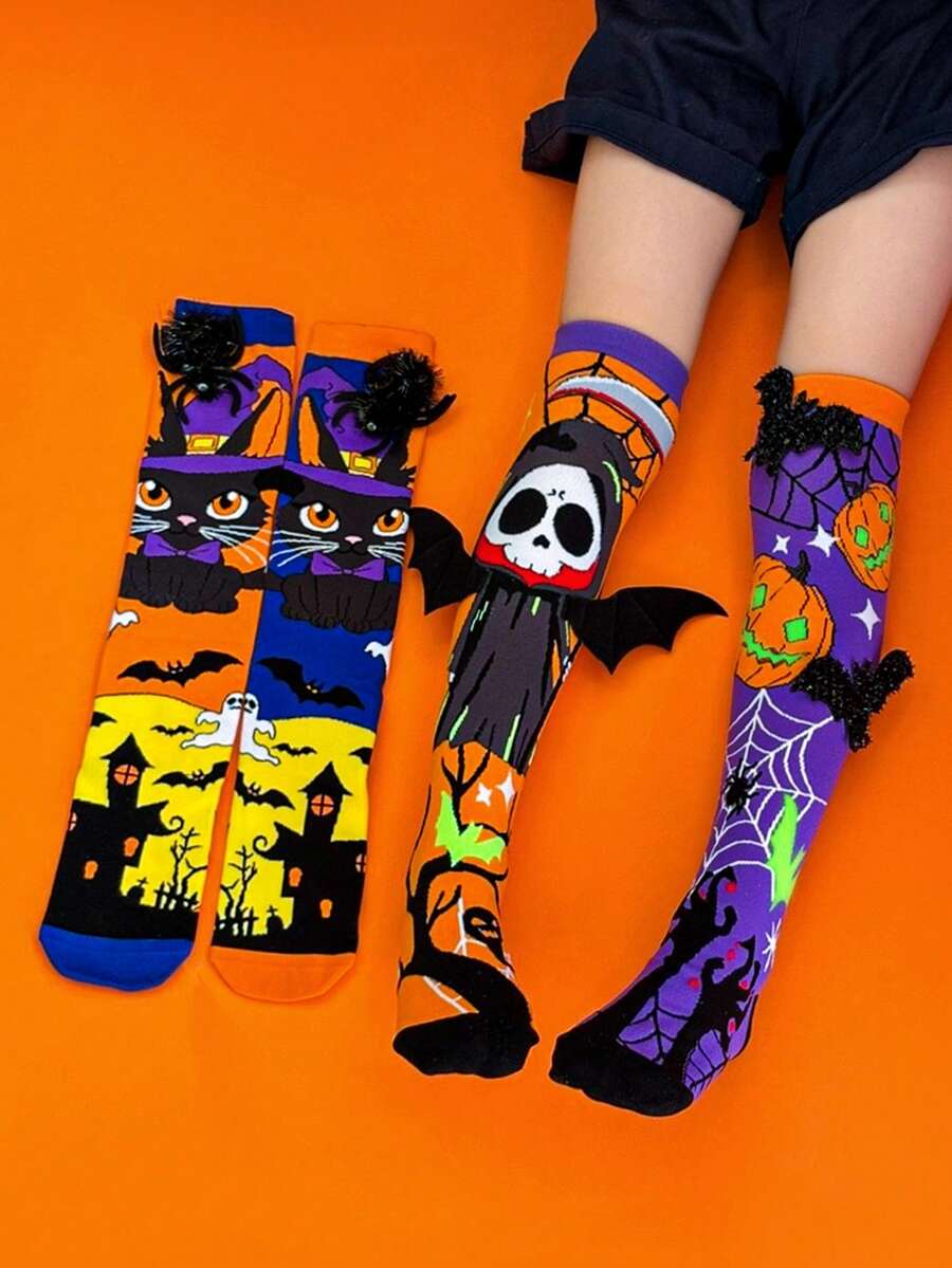2 pares de calcetines divertidos de Halloween 3D para niños, adecuados para usar en fiestas de Halloween infantiles, apropiados como regalos festivos