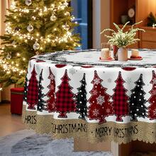 1 pieza Mantel de Navidad - Mantel Vintage de Feliz Navidad, diseño de cuadros rojos, árboles de pino y copos de nieve para mesa de comedor - Tela de poliéster - Se adapta a mesas rectangulares, redondas y de comedor - Decoración de invierno para fiestas, hogar y restaurantes - Fácil de limpiar