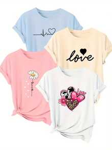 Paquete set pack 4 playeras camisetas dama mujer casual estampado corazón letras fit regular cuello redondo manga corta primavera verano uso diario comodas frescas ligeras - Multicolor - Ver 1
