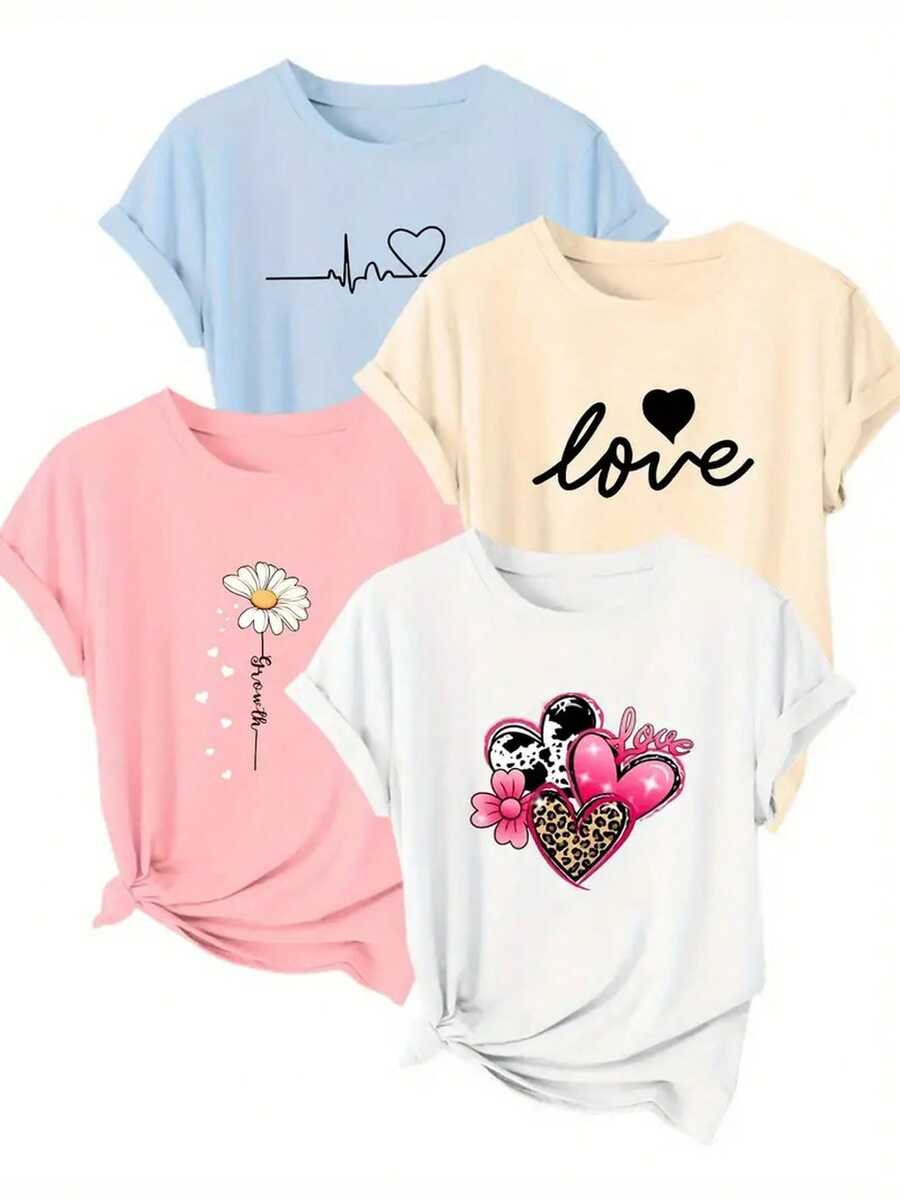 Paquete set pack 4 playeras camisetas dama mujer casual estampado corazón letras fit regular cuello redondo manga corta primavera verano uso diario comodas frescas ligeras - Multicolor - Ver 1