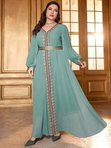 Plus Size Women's Embroidered Ribbon V-Neck Casual Maxi Dress, Arabic Style Long Sleeve Dress With Ribbon Decor, Suitable For Daily Wear And Festivals - Mint Green - View 1