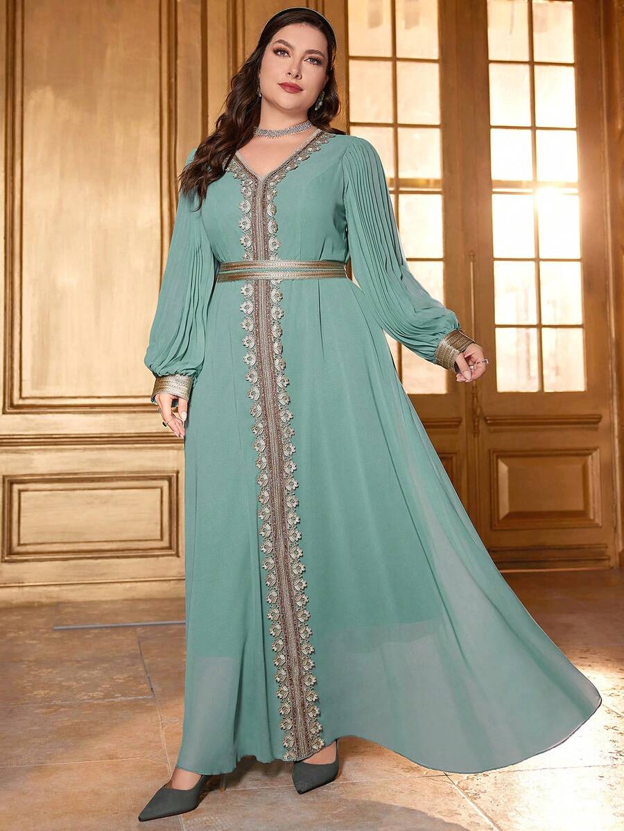 Plus Size Women's Embroidered Ribbon V-Neck Casual Maxi Dress, Arabic Style Long Sleeve Dress With Ribbon Decor, Suitable For Daily Wear And Festivals - Mint Green - View 1