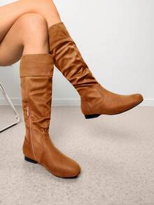 Women's Knee High Boots Pull On Side Zipper Tall Boots For Autumn/Winter - Maroon - View 3