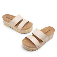 Women's Platform Slides Sandals Comfortable Arch Support Cork Cushion Footbed Two Strap Slip-On Fashion Flatform Beach Wedge Sandals - Beige - View 8