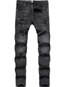 Men's Slim Fit Stretch Jeans Ripped Distressed Straight Leg Fashion Black Pants-2025 - 黑色(修身款) - 查看 5