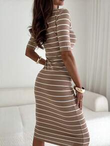Casual Striped Print Round Neck Long Dress For Women - Coffee Brown - View 2