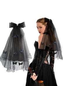 حجاب عروس أسود مع مشابك شعر، حجاب عروس طويل من التول والدانتيل ذو طبقتين من الشبك، حجاب عروس جوتيك لحفلات الخطوبة وحفلات العروس