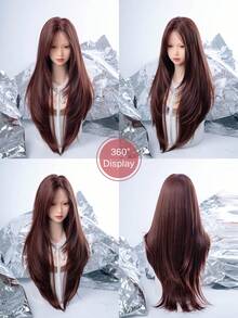 alicegarden 额头蕾丝 4 * 1，额头蕾丝直发假发，红色 28 英寸日常自然半编织，自然日常使用逼真假发 - 紅色 - 查看 5