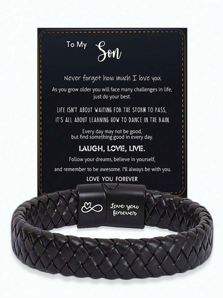 送给我儿子的励志手链，来自爸爸妈妈的礼物，永远记住你更勇敢，编织皮革手链，适合青少年男孩，来自妈妈，可调节，送给儿子的礼物，圣诞礼物