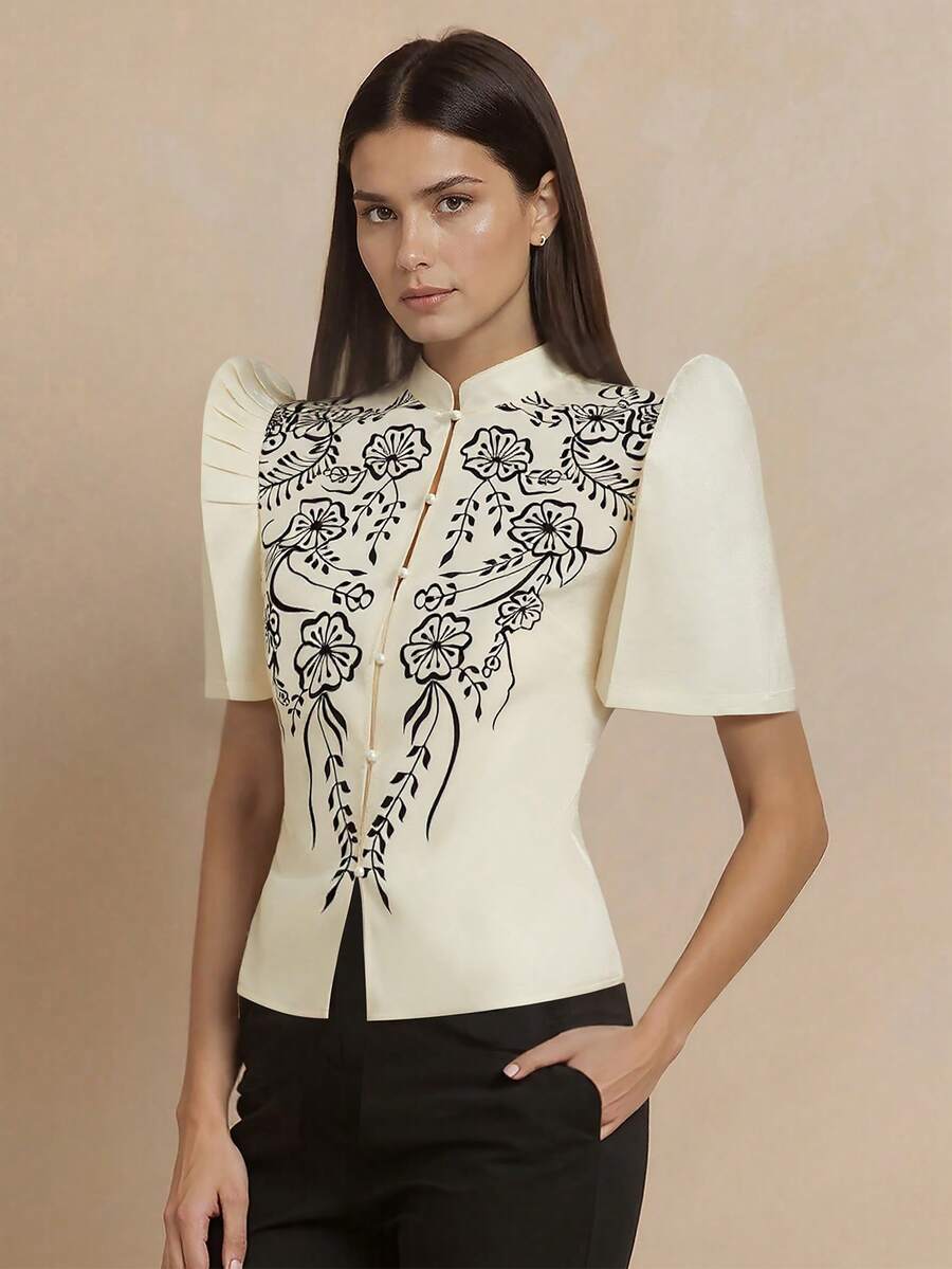 Amyenjoylife modern von den Philippinen inspirierte Bluse, von den Philippinen inspirierte Bluse mit Schmetterlingsärmeln, elegante und modische Damen Puffärmel, besticktes Kurzarmhemd, Cardigan, Champagnerfarbe Top - Champagnerfarben - Übersicht 1