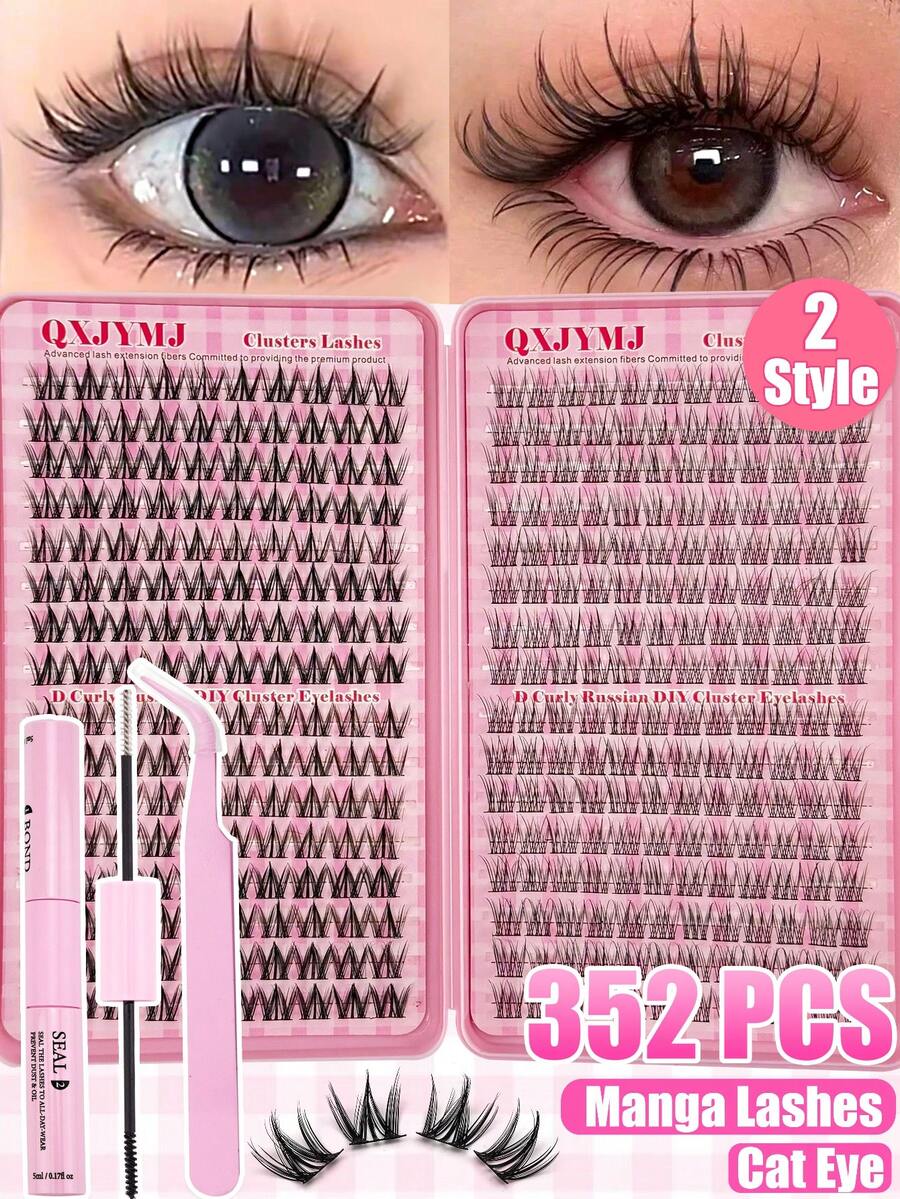 352 Pcs/32 Rows C-Curl Comic DIY Eyelash Extension Set With Anime Cartoon Natural Look Eyelash Clusters Suitable For Beginners. Single Eyelash With Eyelash Adhesive Kit Included. Especially Suitable For Cosplay, Dating, Daily Life, Party, Stage, Travel, A Must-Have For Mother's Day, Easter, Thanksgiving, Christmas, Halloween Makeup. - màu đen - Xem 1