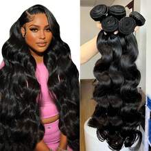 BINF 12A Brazilian Body Wave Bundles Human Hair Extensions 100% Unprocessed Virgin Hair Body Wave 3 Weave Bundles Human Hair 1B Natural Black Body Wave Thick Weave Real Human Hair Extensions For Women Wet And Wavy Human Hair Extensions - Natural Black - 查看 1
