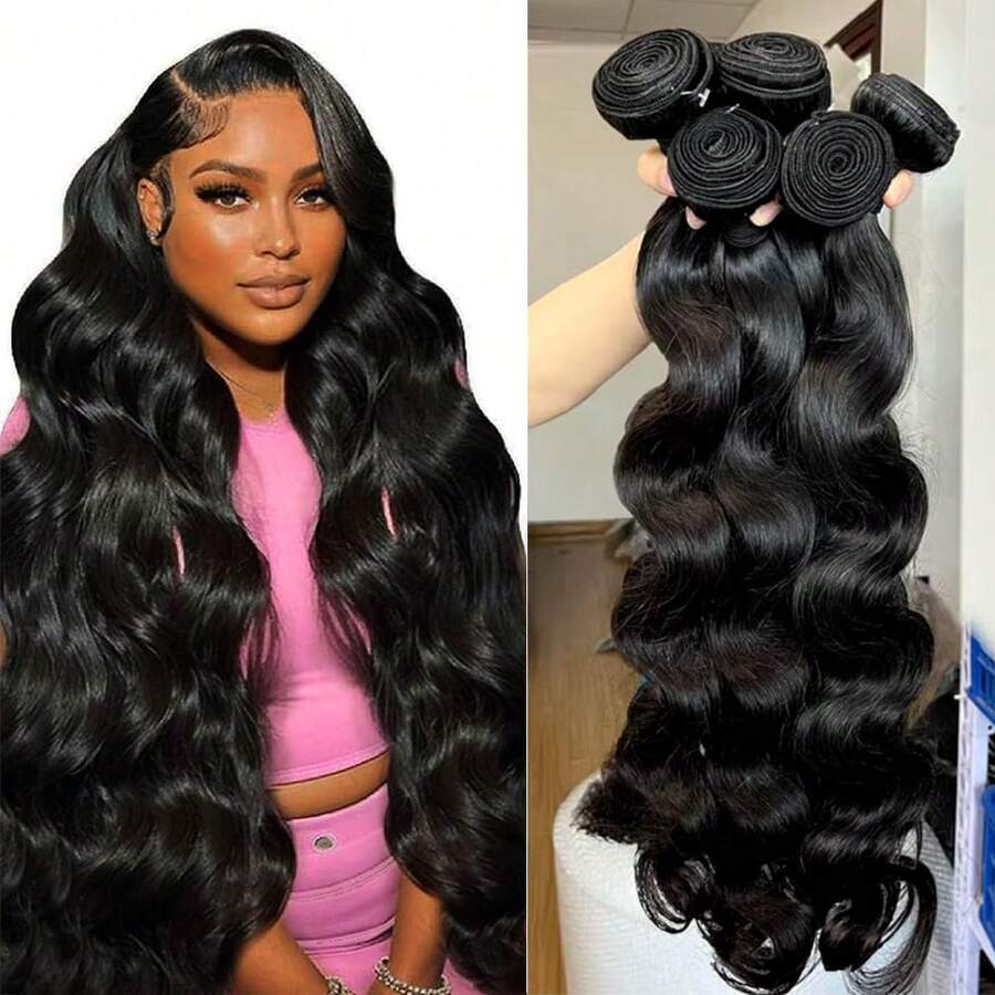 BINF 12A Brazilian Body Wave Bundles Human Hair Extensions 100% Unprocessed Virgin Hair Body Wave 3 Weave Bundles Human Hair 1B Natural Black Body Wave Thick Weave Real Human Hair Extensions For Women Wet And Wavy Human Hair Extensions - Natural Black - 查看 1