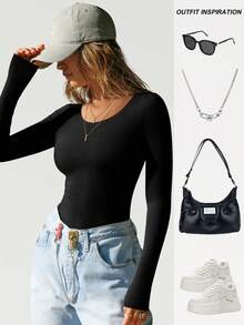VVX 2 Piece Women's Scoop Neck Long Sleeve Shirts Ribbed Slim Fitted Casual Basic Top Blouses - 黑色/米白 - 查看 3