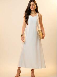Italian Style Boat Neck Sleeveless Fitted Dress For Women - White - View 1