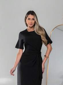 Long Dress With Short Sleeves With Belt Formal And Evening V775 - Negro - Ver 5