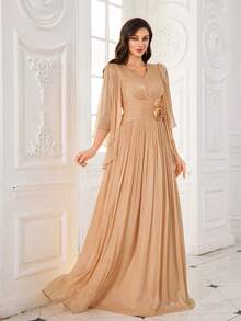 UNITHORSE UNITHORSE Women's V-Neck Half Sleeve Hand-Made Three-Dimensional Flowers Embellished Slim-Fitting Maxi Evening Dress