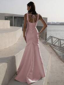 Basrey 婴儿粉色吊带高腰修身露背伴娘长裙，适合婚礼、单身派对、度假、晚宴、新娘、白色礼服 - 淺粉色 - 查看 3