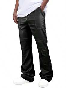 Mens Faux Leather Cargo Pants Flared Bell Bottoms With Pockets For Men 70s Party Pants-20256688 - 黑色 - 查看 1