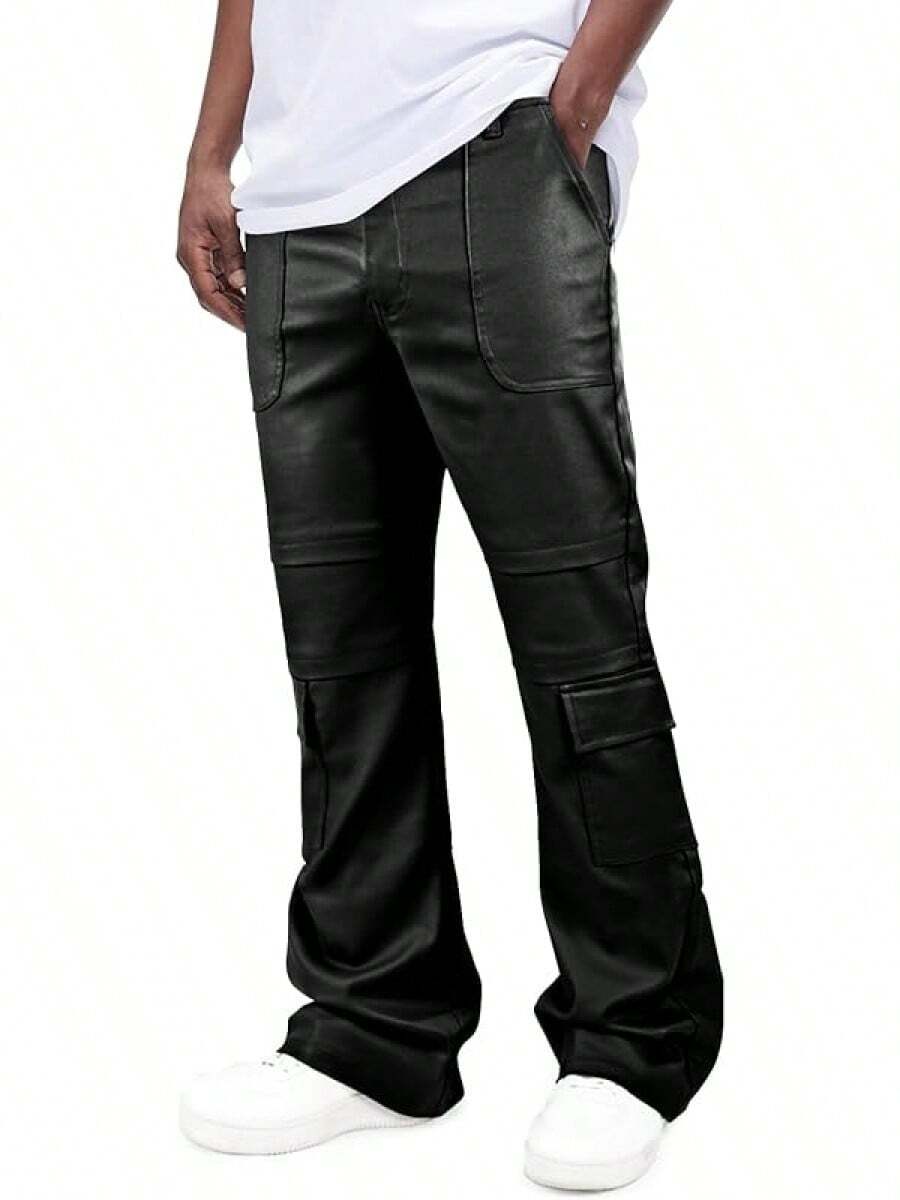 Mens Faux Leather Cargo Pants Flared Bell Bottoms With Pockets For Men 70s Party Pants-20256688 - 黑色 - 查看 1