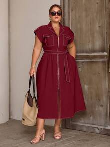 Sollinarry Plus Size Women's Spring/Summer New Zipper Pocket Decor Long Casual Dress, Elegant Office Outfits - Deep Red - View 2