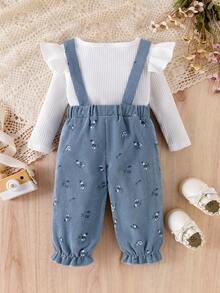 2pcs Baby Girl Casual Solid Color Ribbed Long Sleeve T-Shirt Top And Ditsy Floral Bow Decor Bib Overalls Pants Set - Blue - View 4