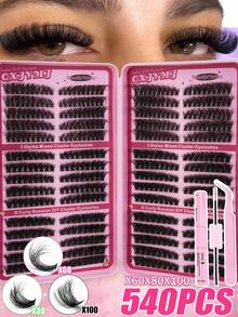 540 Clusters/30 Rows D-Curl Fluffy DIY Eyelash Extension Kit 8-16mm Mixed Length X60X80X100 Fluffy Single Eyelash Cluster Segmented With Eyelash Adhesive Kit Suitable For Dating, Parties, Travel, Christmas, Halloween - 黑色 - 查看 1