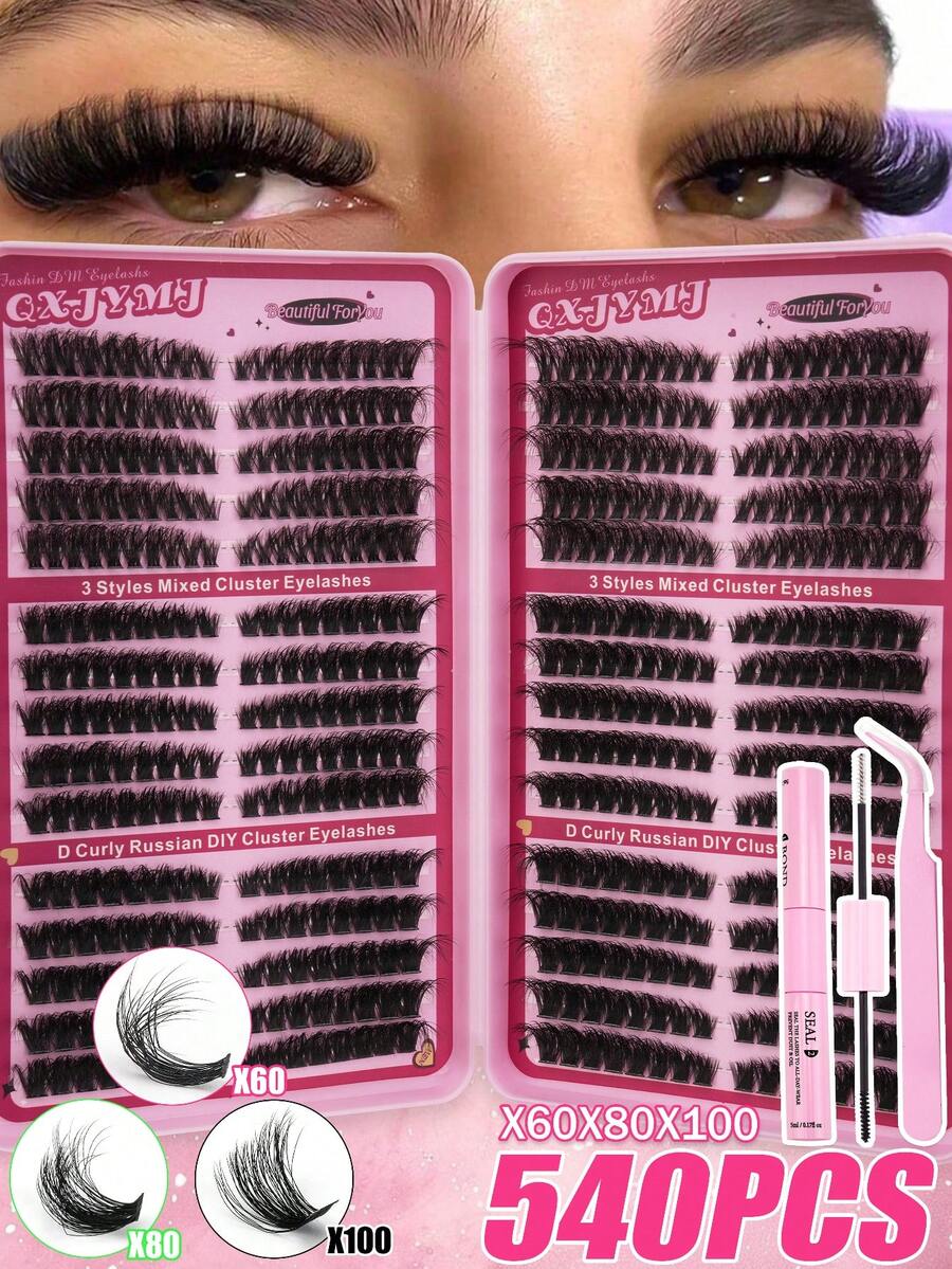 540 Clusters/30 Rows D-Curl Fluffy DIY Eyelash Extension Kit 8-16mm Mixed Length X60X80X100 Fluffy Single Eyelash Cluster Segmented With Eyelash Adhesive Kit Suitable For Dating, Parties, Travel, Christmas, Halloween - 黑色 - 查看 1