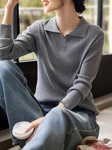 Korean Fashion Elegant Knitted Polo Collar Sweater For Women, Metal Decor, Long Sleeve Pullover Top, Suitable For Commuting, Dating, Can Be Worn Inside Or Outside, Autumn/Winter