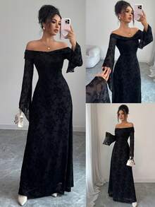 Đầm maxi dài dáng chữ A tay loe trễ vai bằng nhung kiểu Gothic dành cho nữ - Đầm dạ hội trang trọng cổ điển thanh lịch cho tiệc tùng, năm mới, tiệc chiêu đãi, Lễ Tạ ơn, Giáng sinh, màu đen, mùa xuân. - màu đen - Xem 7