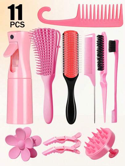 3/5/6/11 套浴室发刷套装，9 排造型刷，带尼龙垫和发刷，干湿发刷，卷发刷，适合自然卷发。3/4 ABC，极细喷雾瓶，鼠尾刷，边缘刷，适用于浓密和细软的头发护理，护发工具（女孩的圣诞礼物），万圣节装饰