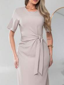 Long Dress With Short Sleeves With Belt Formal And Evening V775 - Beige - View 7