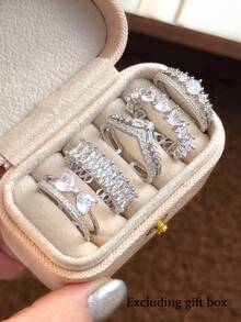 5pcs Elegant Copper Inlaid Cubic Zirconia Fashion Minimalist Chic Rings Set, Suitable For Wedding, Party, Holiday Gift, Bride - Silver - View 3