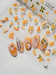 A Nail Sticker For Autumn And Winter Season, Featuring Embossed Laser Technology And Cartoon Floral Design, Featuring Flowers Such As Osmanthus, Osmanthus Stamens, And Cats, Suitable For Personal DIY And Nail Salon Use