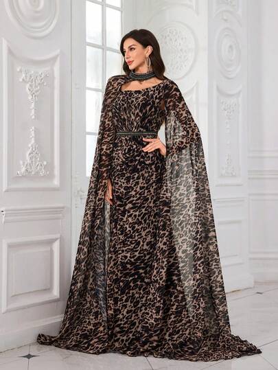  UNITHORSE Women's [Random Cut] Backless Spaghetti Strap Detachable Long Sleeve Waist Rhinestone Decor Fitted Slit Leopard Print Maxi Dress, Perfect For Formal Dinners, Graduation Ceremonies, Evening Parties And Other Occasions.