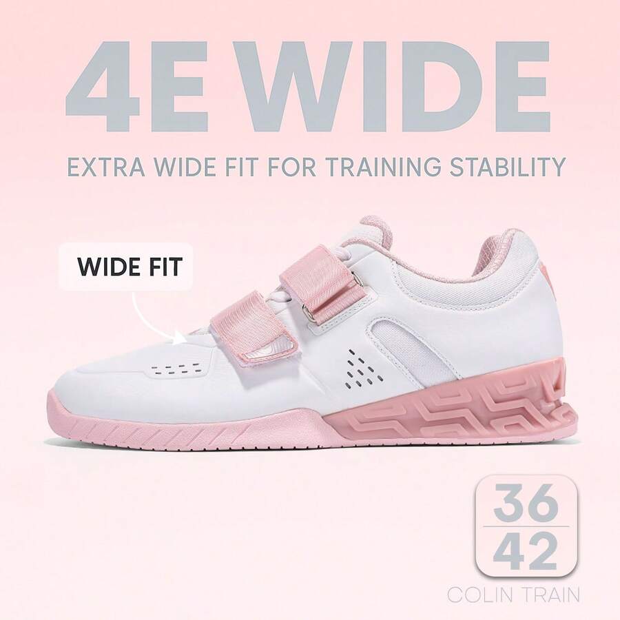 男女通用可调节绑带举重鞋，PU皮革鞋面低帮健身训练鞋，稳定支撑举重鞋 - 粉紅白 - 查看 1