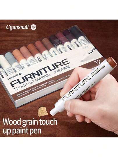 12pcs Furniture Wood-Grain Touch-Up Pen For Solid Wood & Composite Flooring Repair, Waterproof And Anti-Fading, Scratch Fix Tool And Gap Filler Pen Back To School