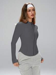 FWH Veste de sport à manches longues pour femmes, de style mode, col montant, pour le running, le yoga, l'exercice et le style casual. Tissu confortable et extensible, avec une taille affinée visuellement. Polyvalente et jeune, offrant une protection solaire.