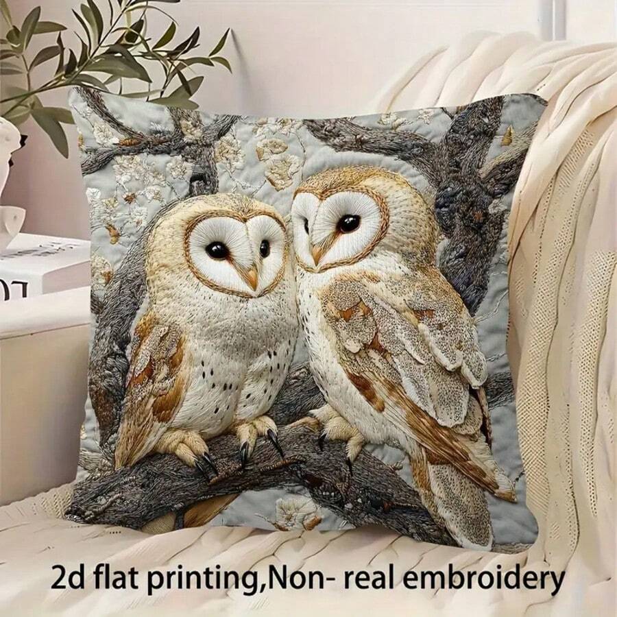 1 Vỏ gối hình cú mèo dễ thương, thêu 2D, 18"X18", vải nhung mềm mại, có khóa kéo có thể giặt được, thích hợp cho ghế sofa phòng khách, đệm xích đu hiên nhà, không bao gồm ruột gối - Nhiều màu - Xem 1