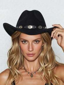 1pc Western Cowboy Hat With A Detachable Teal Jewel Beaded Trim, Polyester Felt Cuffed Top Hat, All Season Lightweight Unisex Fashion Hat - Suitable For Outdoor Activities, Parties, Everyday Wear, Woven Nonwovens Halloween