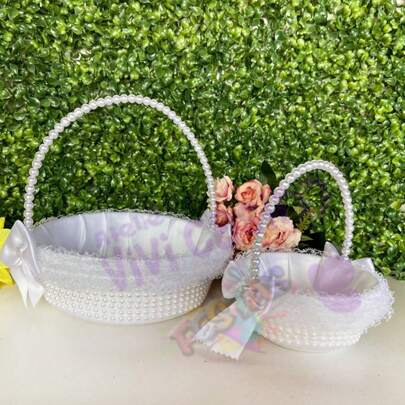 Kit 1 Cesta Pérola Florista + 1 Cestinha Porta Aliança Fru Fru - Branca Casamento