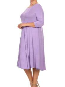 Plus Size Casual 3/4 Sleeves Basic A-Line Pleated Solid Midi Dress  Wedding - Lavender - View 2